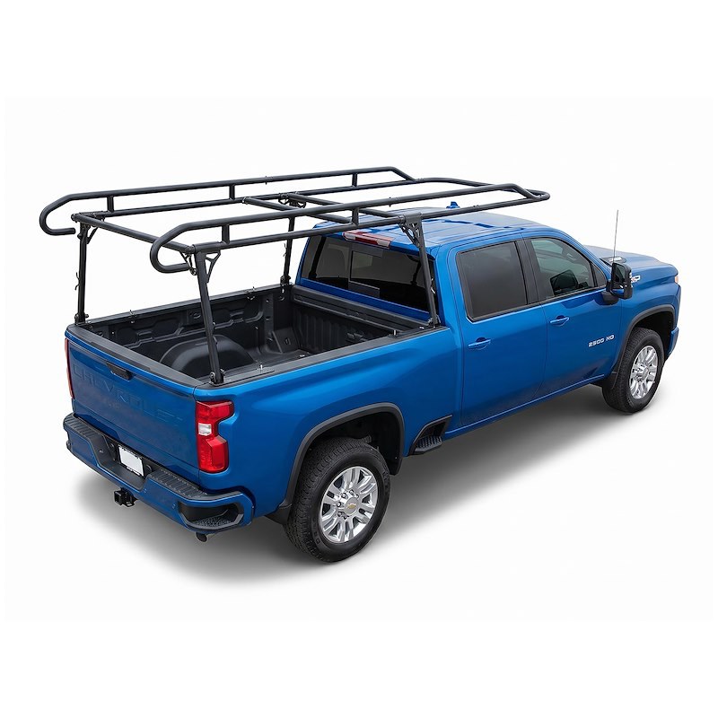 Blue Chevrolet Silverado pickup with a black over-cab ladder rack